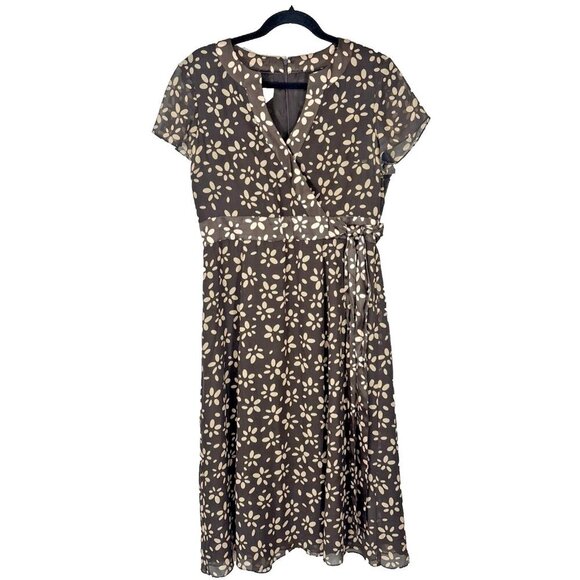 Talbots Dress Women 12P Brown Floral Silk Faux Wrap Tie Short Sleeve V-Neckline - Picture 1 of 12